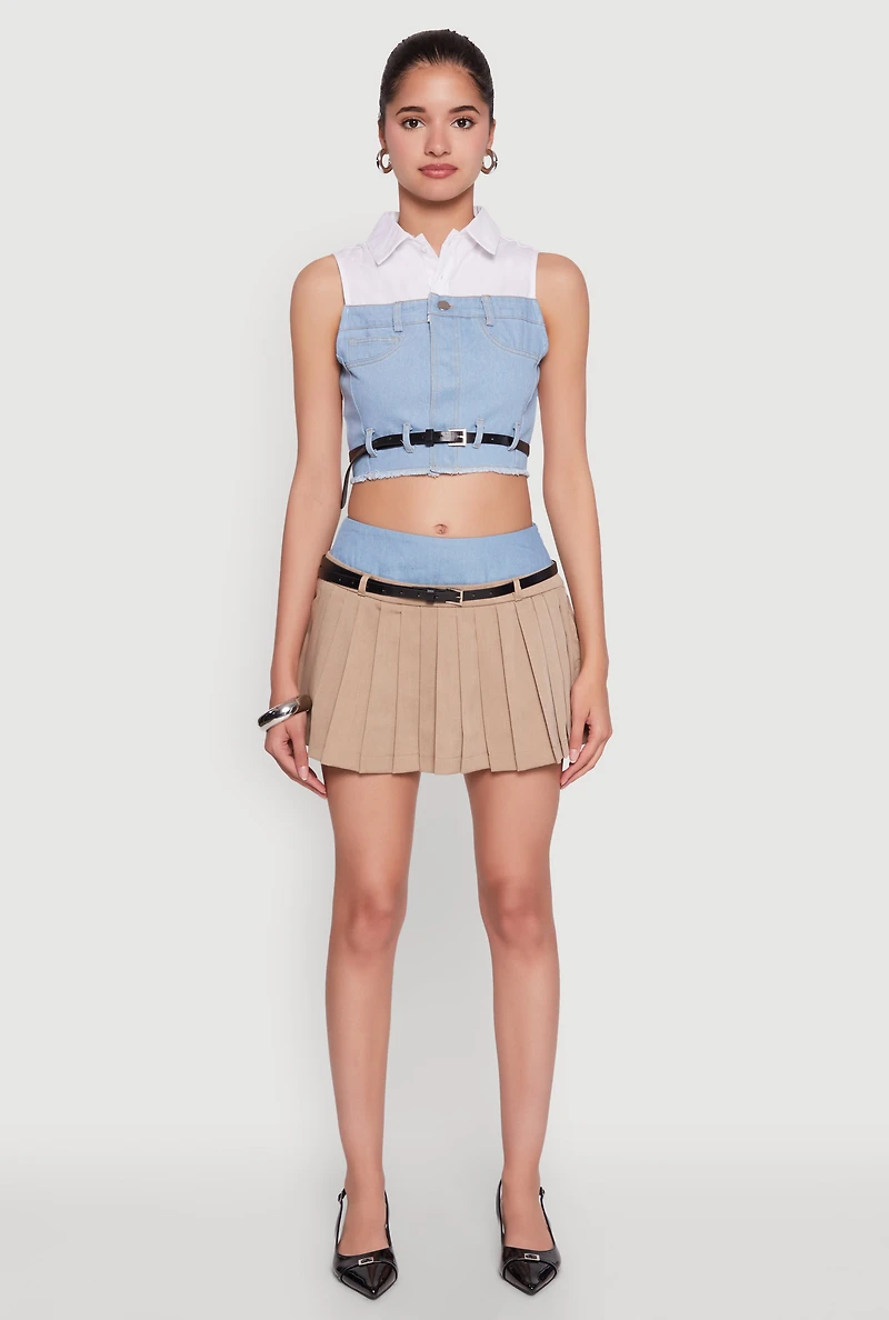 Womens Trendy Sleeveless Buttoned Zip Front Cropped Blouse with Belt, Multi,