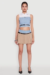 Womens Trendy Sleeveless Buttoned Zip Front Cropped Blouse with Belt, Multi,