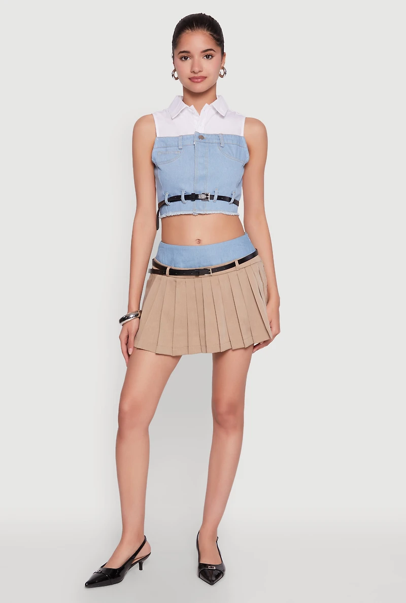 Womens Trendy Sleeveless Buttoned Zip Front Cropped Blouse with Belt, Multi,
