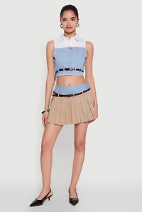 Womens Trendy Sleeveless Buttoned Zip Front Cropped Blouse with Belt, Multi,