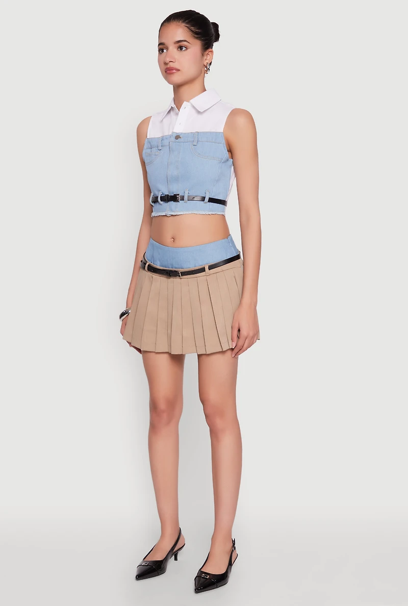 Womens Trendy Sleeveless Buttoned Zip Front Cropped Blouse with Belt, Multi,