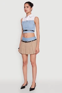 Womens Trendy Sleeveless Buttoned Zip Front Cropped Blouse with Belt, Multi,