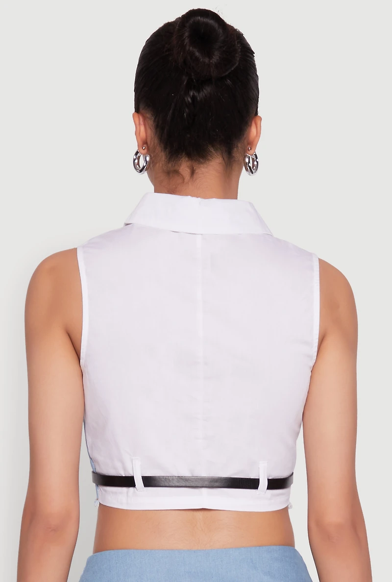 Womens Trendy Sleeveless Buttoned Zip Front Cropped Blouse with Belt, Multi, Size S