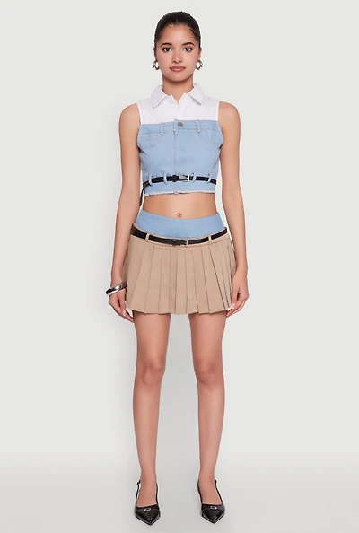 Womens Chic Denim Waistband Pleated Mini Skirt with Belt, Khaki, Size L