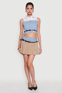 Womens Chic Denim Waistband Pleated Mini Skirt with Belt, Khaki, Size M