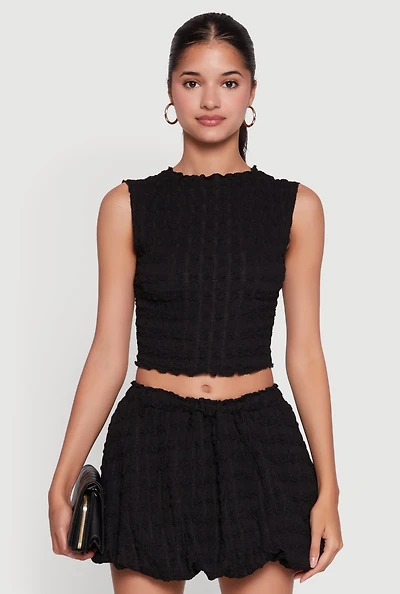 Womens Trendy Textured Knit Sleeveless Crop Top, Black, Size L