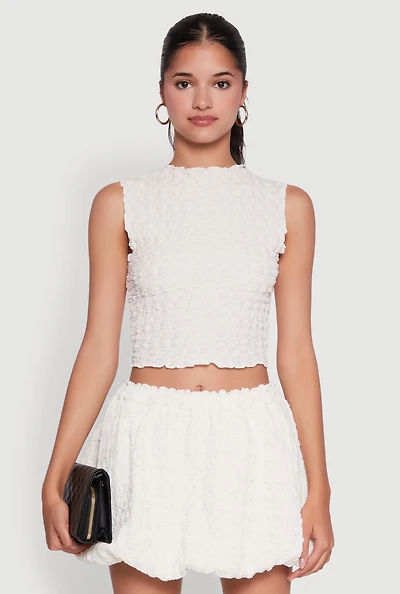Womens Trendy Textured Knit Sleeveless Crop Top, White, Size M