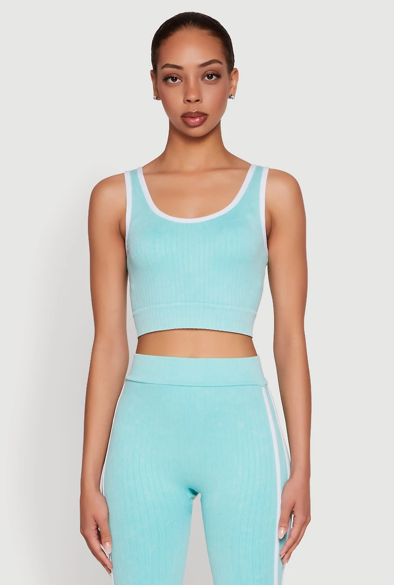 Womens Mineral Wash Contrast Trim V Neck Cropped Tank Top, Blue, Size M-L
