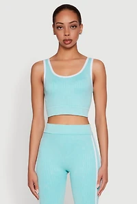Womens Mineral Wash Contrast Trim V Neck Cropped Tank Top, Blue, Size M-L