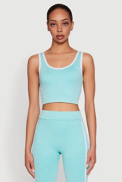 Womens Mineral Wash Contrast Trim V Neck Cropped Tank Top, Blue, Size L-XL