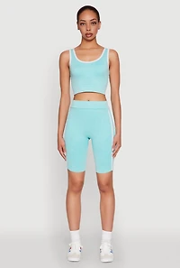 Womens Mineral Wash Contrast Trim V Neck Cropped Tank Top, Blue, Size M-L