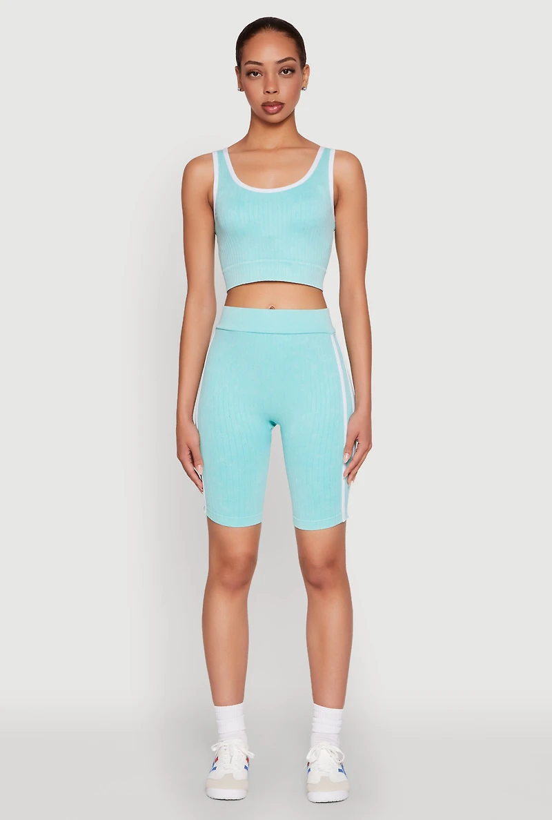 Womens Mineral Wash Contrast Trim V Neck Cropped Tank Top, Blue,