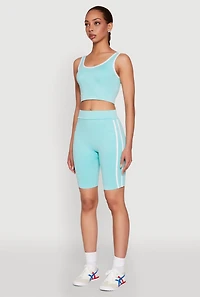 Womens Mineral Wash Contrast Trim V Neck Cropped Tank Top, Blue, Size M-L