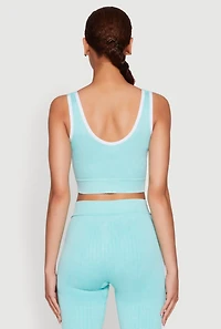 Womens Mineral Wash Contrast Trim V Neck Cropped Tank Top, Blue, Size M-L