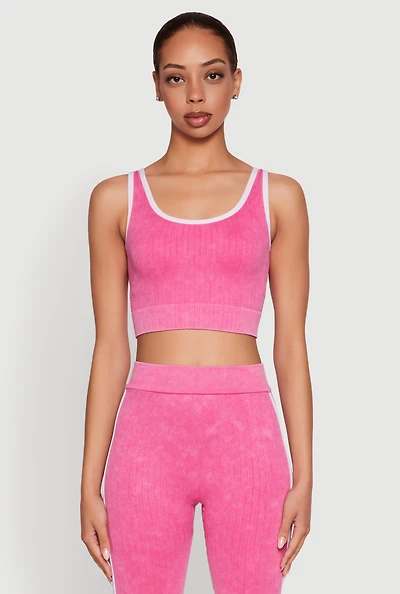 Womens Mineral Wash Contrast Trim V Neck Cropped Tank Top, Pink, Size M-L
