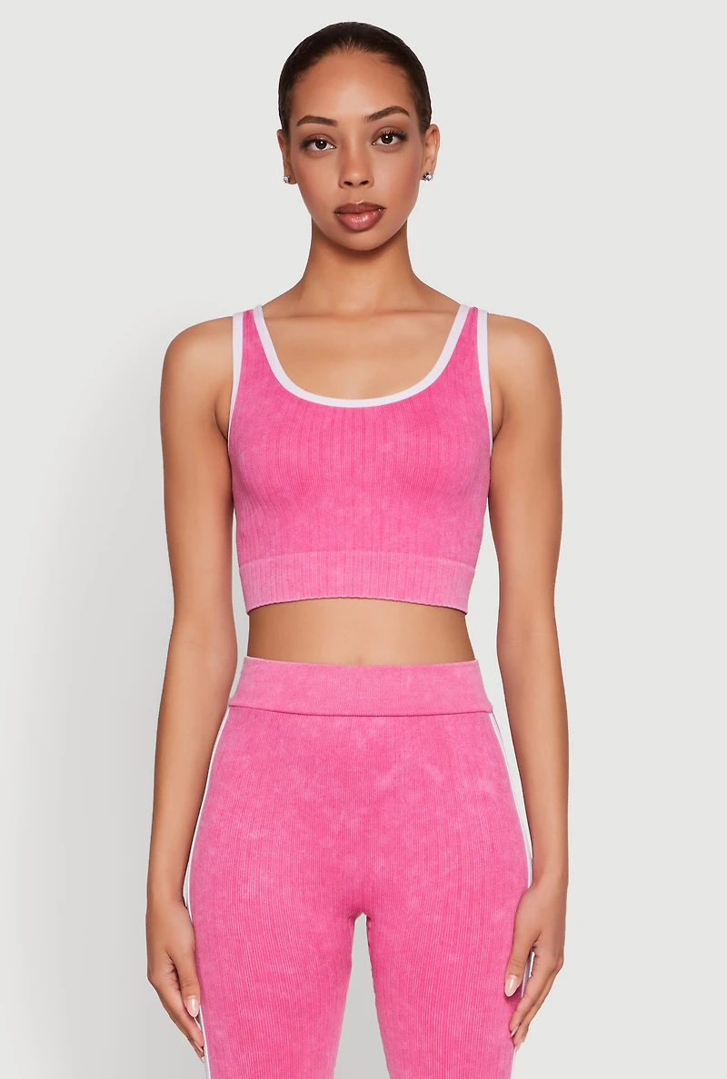 Womens Mineral Wash Contrast Trim V Neck Cropped Tank Top, Pink, Size S-M