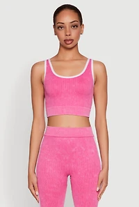 Womens Mineral Wash Contrast Trim V Neck Cropped Tank Top, Pink, Size S-M
