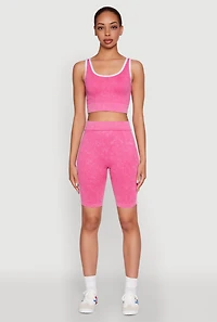 Womens Mineral Wash Contrast Trim V Neck Cropped Tank Top, Pink, Size S-M