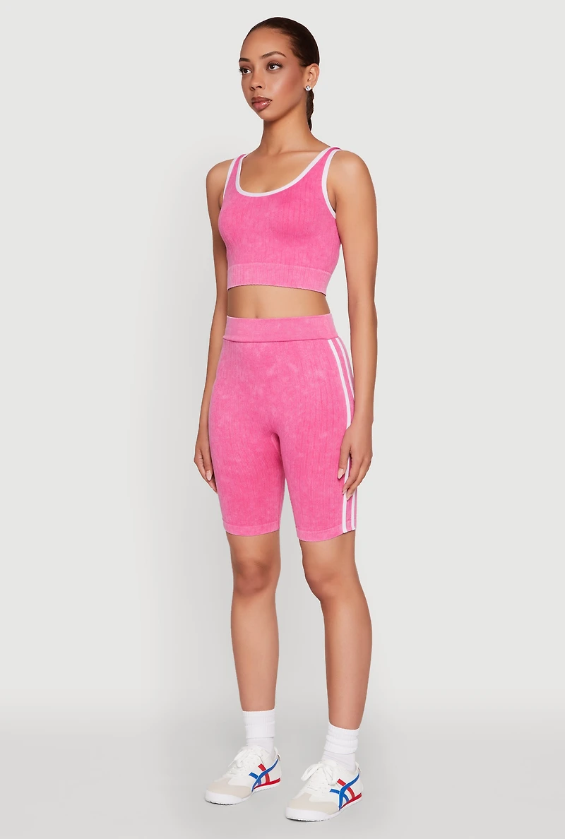 Womens Mineral Wash Contrast Trim V Neck Cropped Tank Top, Pink, Size S-M