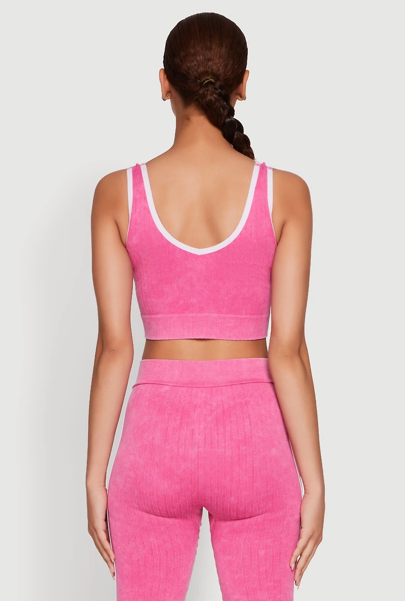 Womens Mineral Wash Contrast Trim V Neck Cropped Tank Top, Pink, Size S-M