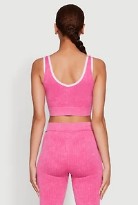 Womens Mineral Wash Contrast Trim V Neck Cropped Tank Top, Pink, Size S-M