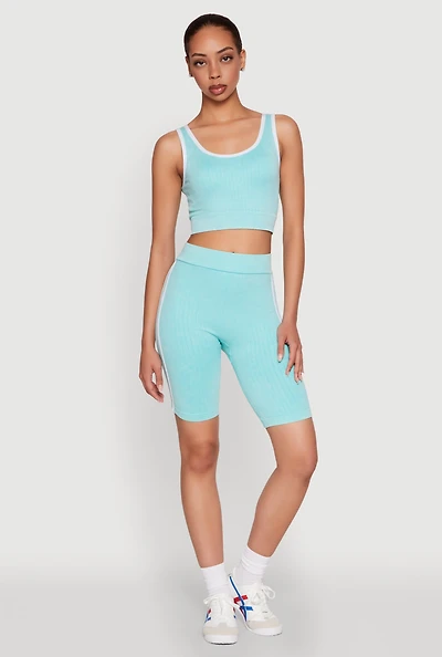 Womens Mineral Wash Varsity Stripe Biker Shorts, Blue, Size L-XL