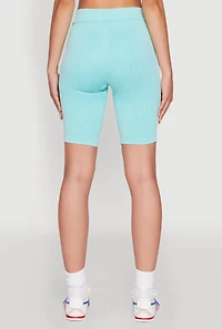 Womens Mineral Wash Varsity Stripe Biker Shorts, Blue, Size L-XL