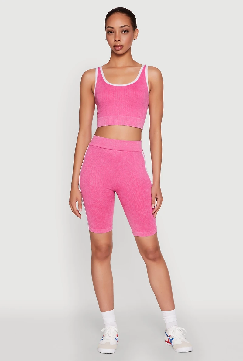 Womens Mineral Wash Varsity Stripe Biker Shorts, Pink, Size M-L