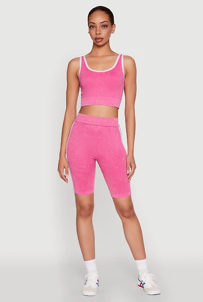 Womens Mineral Wash Varsity Stripe Biker Shorts, Pink, Size M-L