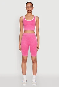 Womens Mineral Wash Varsity Stripe Biker Shorts, Pink, Size M-L
