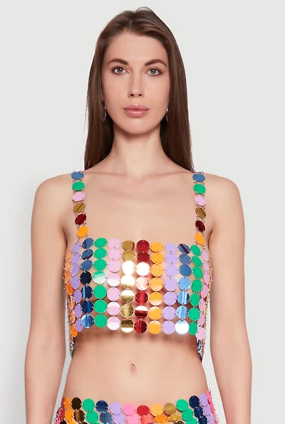 Womens Color Block Sequin Crop Top, Multi, Size S-M