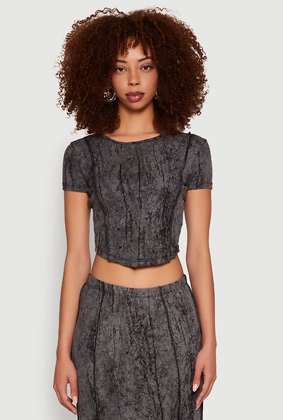 Womens Ribbed Knit Mineral Wash Cropped Tee, Grey, Size M