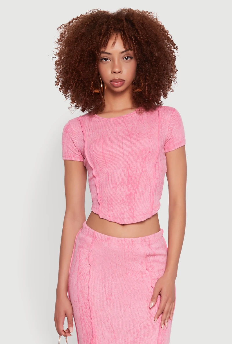 Womens Ribbed Knit Mineral Wash Cropped Tee, Pink, Size S