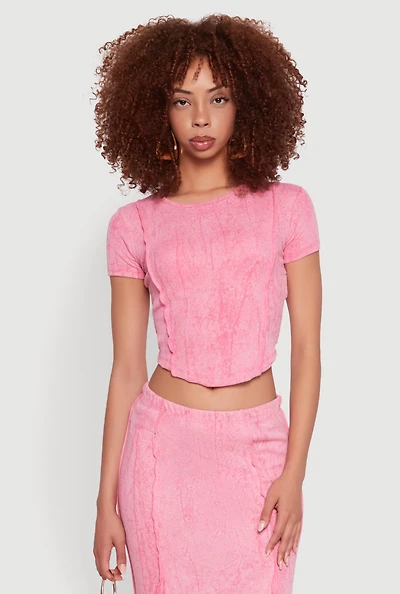 Womens Ribbed Knit Mineral Wash Cropped Tee, Pink, Size S