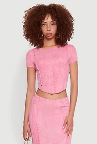 Womens Ribbed Knit Mineral Wash Cropped Tee, Pink, Size S