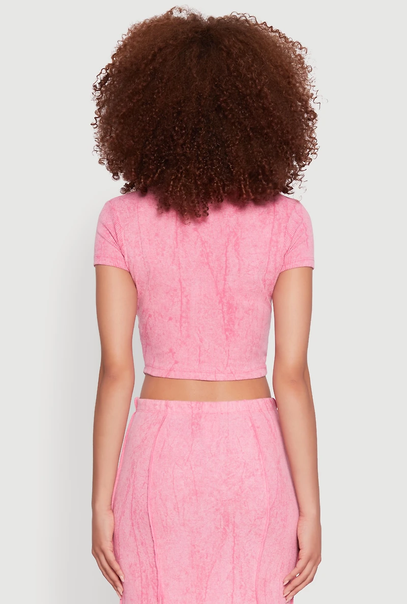 Womens Ribbed Knit Mineral Wash Cropped Tee, Pink, Size S