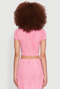 Womens Ribbed Knit Mineral Wash Cropped Tee, Pink, Size S