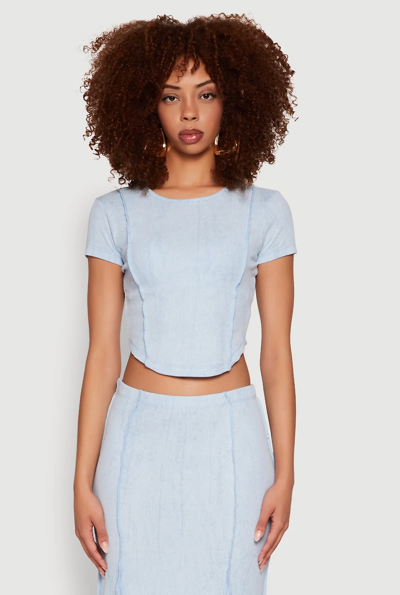 Womens Ribbed Knit Mineral Wash Cropped Tee, M