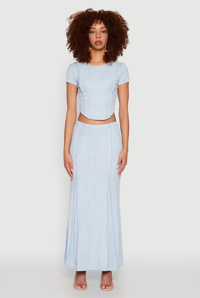 Womens Ribbed Knit Mineral Wash Cropped Tee, M