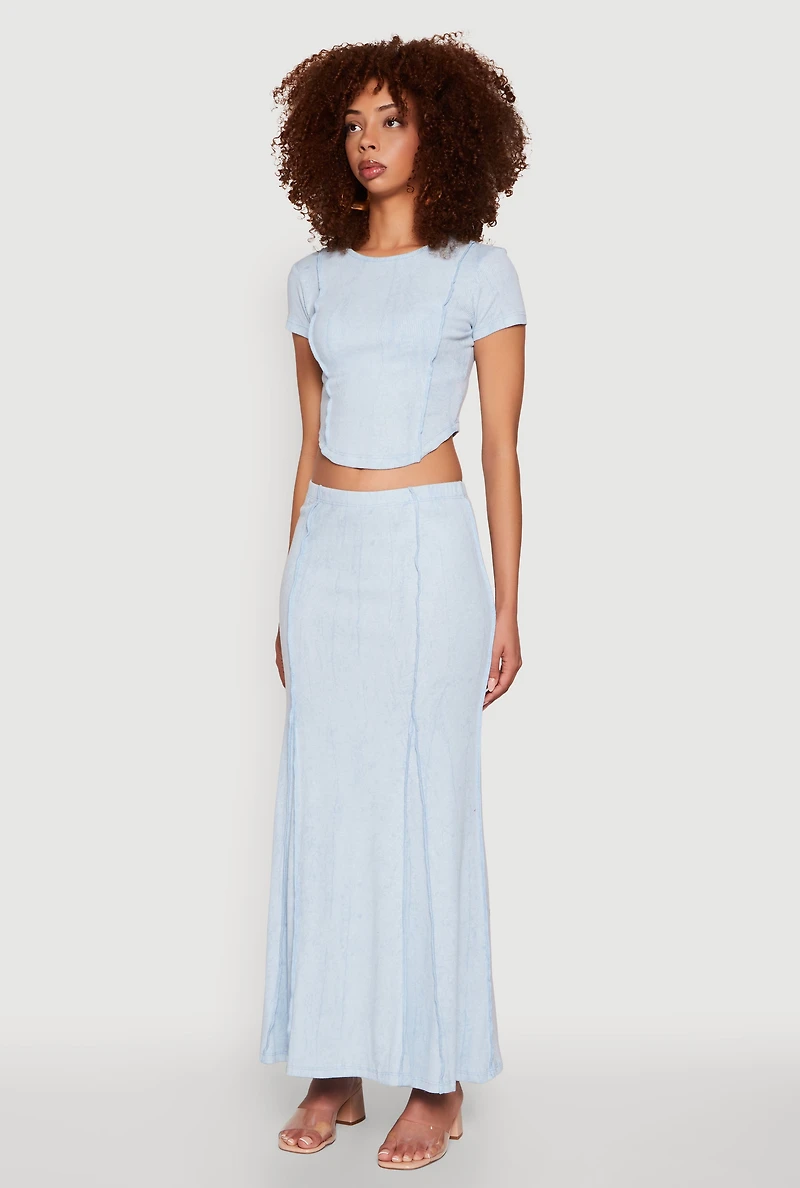 Womens Ribbed Knit Mineral Wash Cropped Tee, M