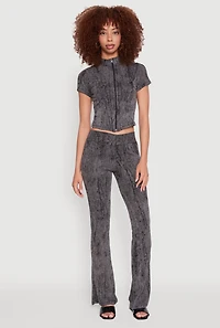 Womens Ribbed Knit Mineral Wash Zip Front Top, Grey, Size XL