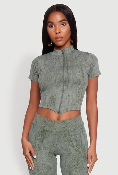 Womens Ribbed Knit Mineral Wash Zip Front Top, Green, Size L