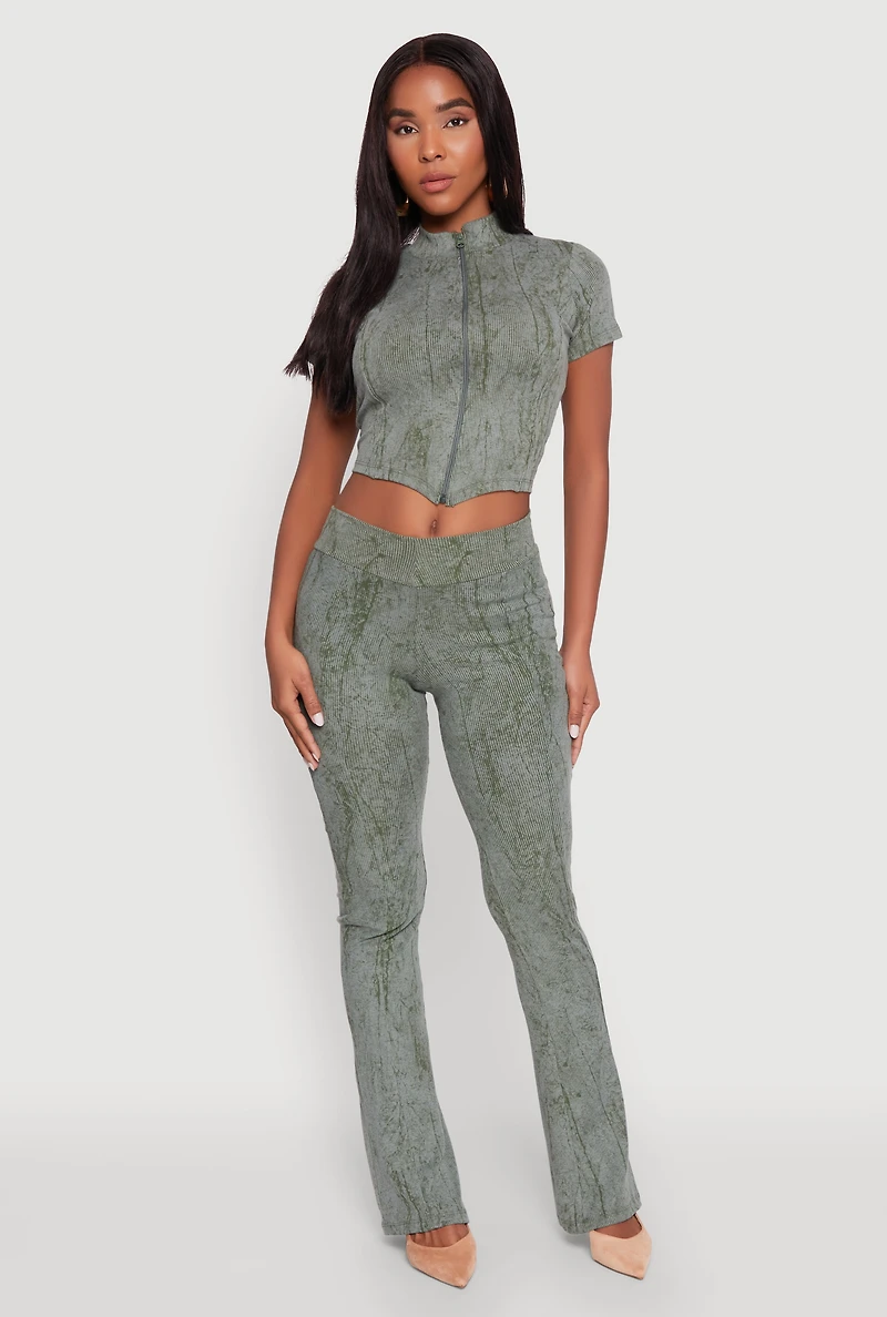 Womens Ribbed Knit Mineral Wash Zip Front Top, Green, Size S