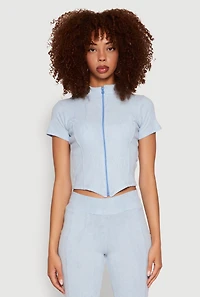 Womens Ribbed Knit Mineral Wash Zip Front Top, Blue, Size XL