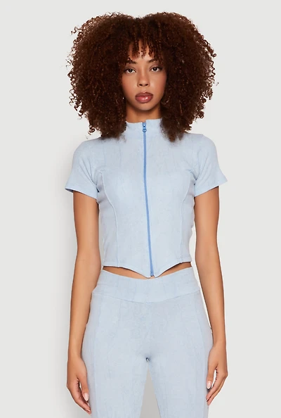 Womens Ribbed Knit Mineral Wash Zip Front Top,