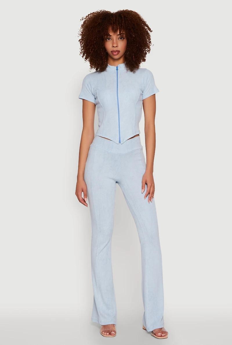 Womens Ribbed Knit Mineral Wash Zip Front Top, Blue,