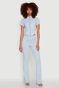 Womens Ribbed Knit Mineral Wash Zip Front Top, Blue,