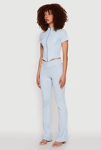 Womens Ribbed Knit Mineral Wash Zip Front Top, Blue, Size XL