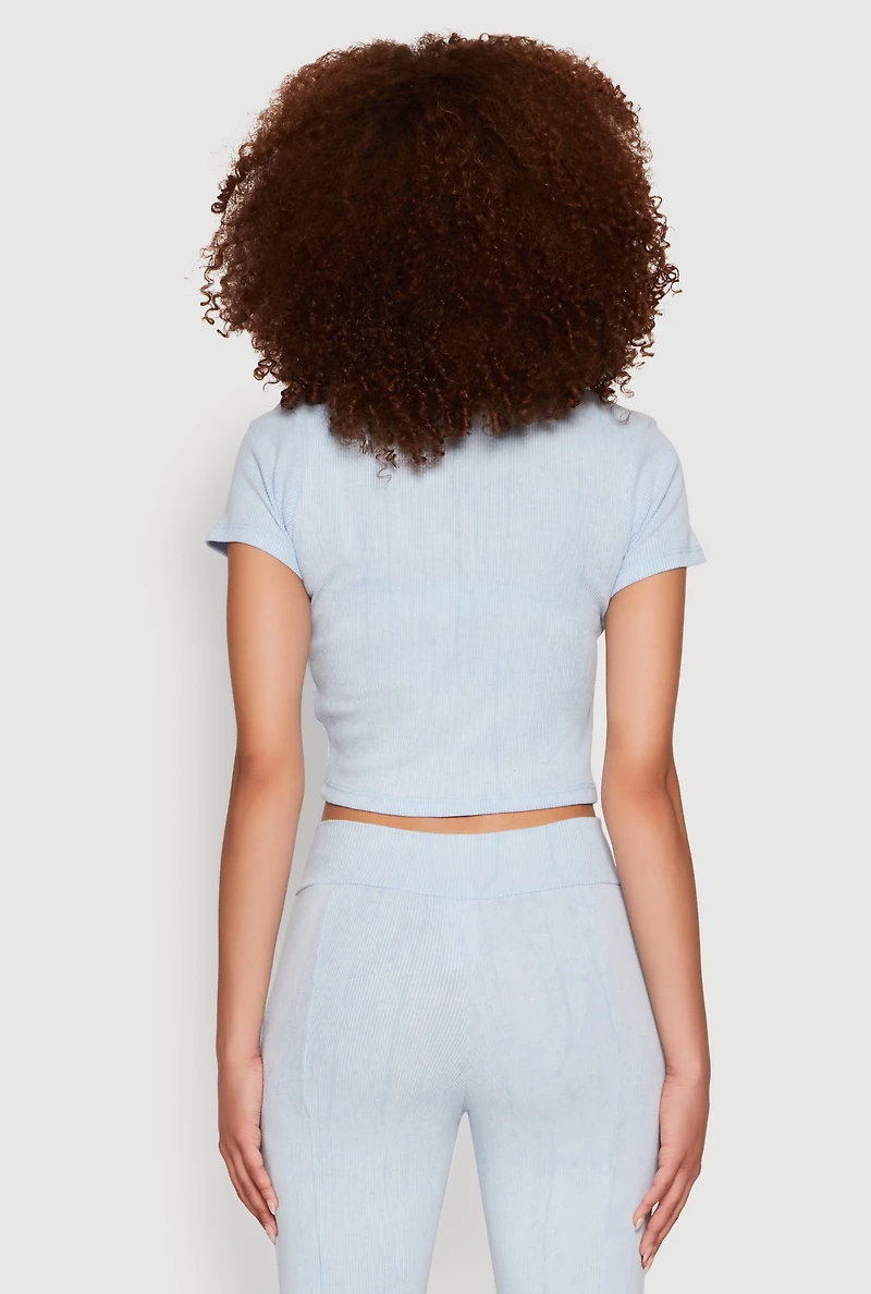 Ribbed Knit Mineral Wash Zip Front Top