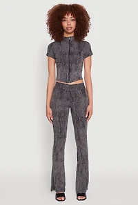 Womens Mineral Wash Pintuck Flared Pants, Black, Size M